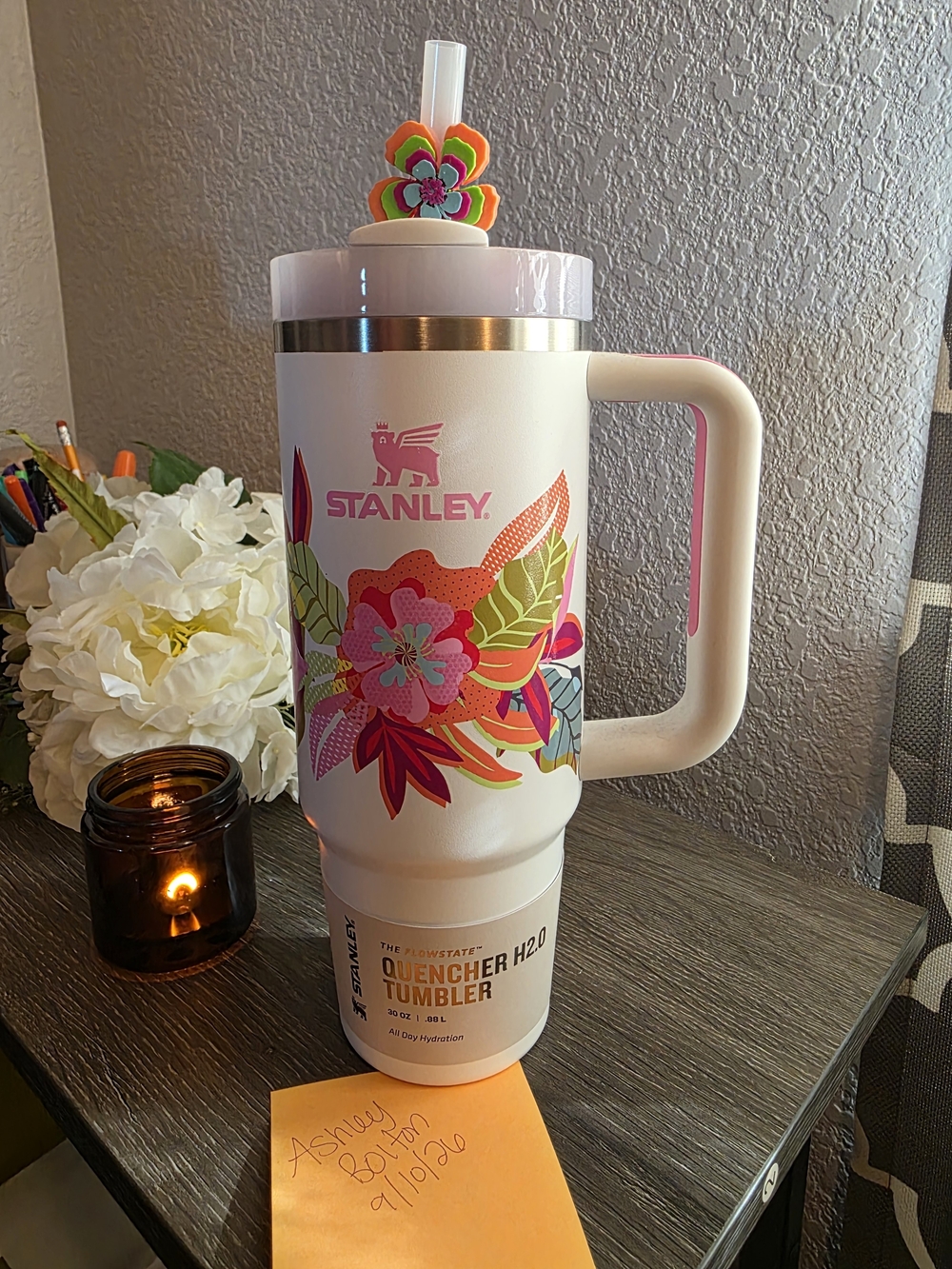 Stanley Quencher H2.0 Tumbler - White with Pink Floral Design